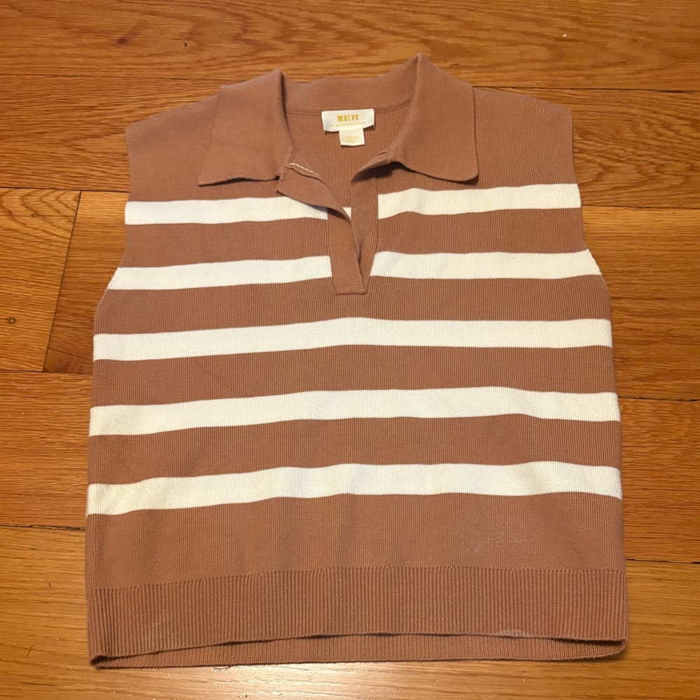 Anthropologie Maeve Collared Sweater Tank Top Striped Tan / White - Picture 2 of 4